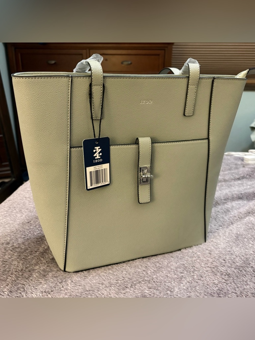 Izod Sage Green Pebbled Tote with Front Strap Pocket